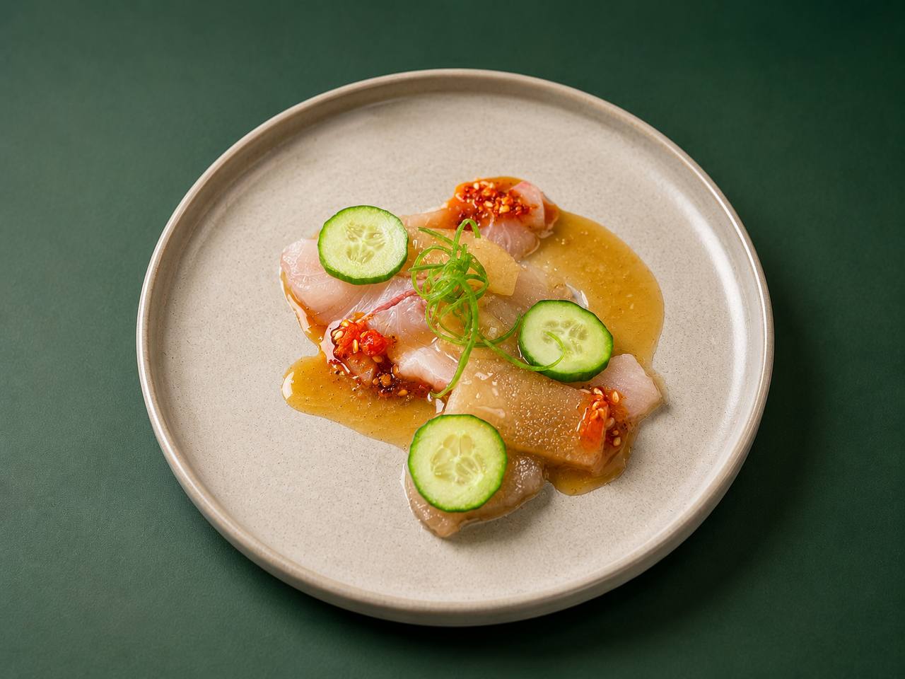 Fish crudo with cucumber and chili crisp