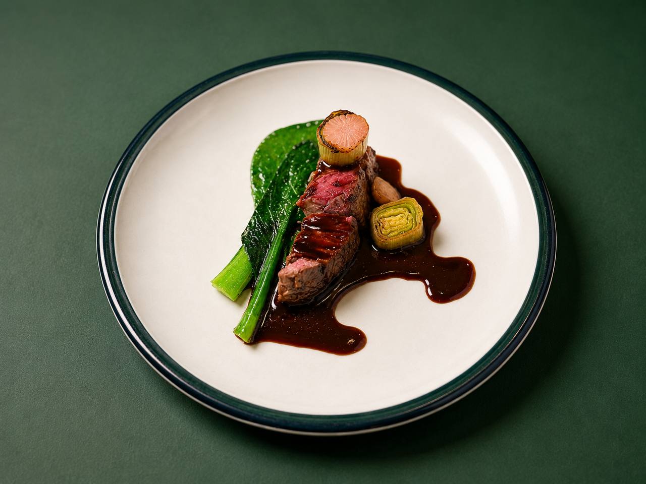 Seared steak with greens and sauce
